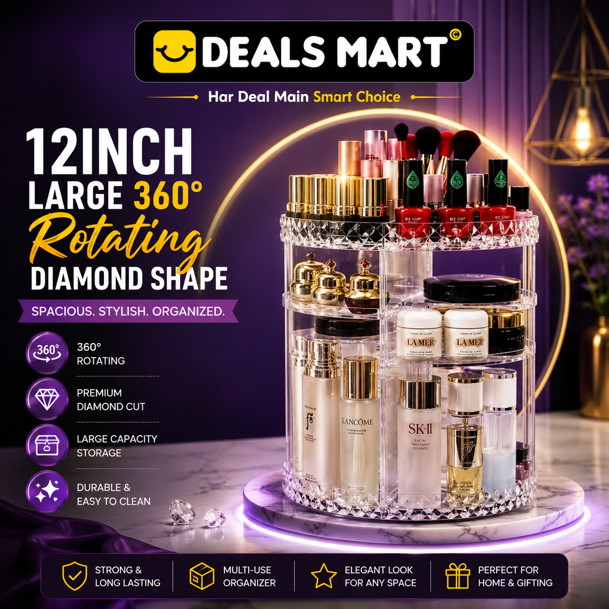 12inch Large 360 Rotating Diamond Shape Jewelry Organizer