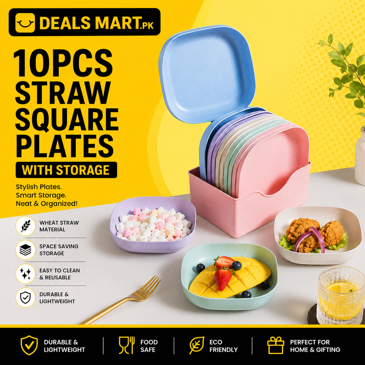 10Pcs Straw Square Plates with Storage Box