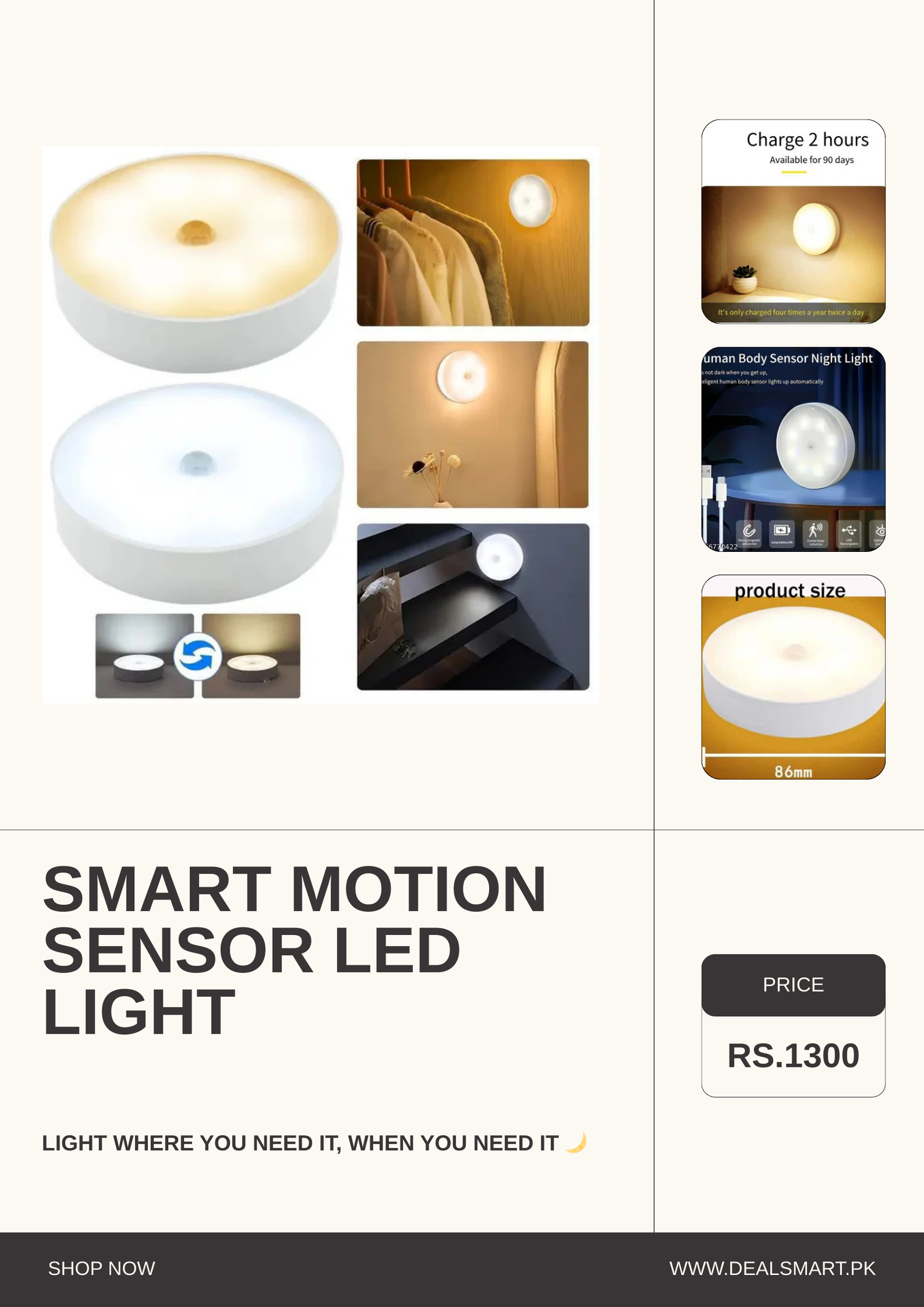 Smart Motion Sensor LED Night Light Recharge Able