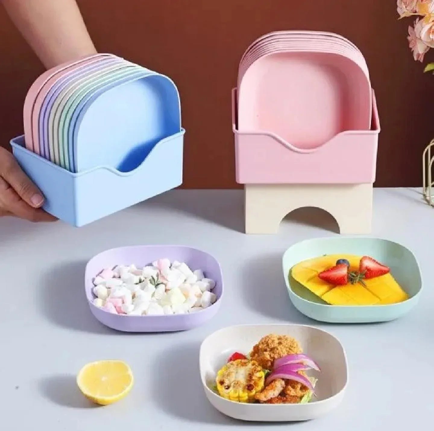 10Pcs Straw Square Plates with Storage Box - Deals mart