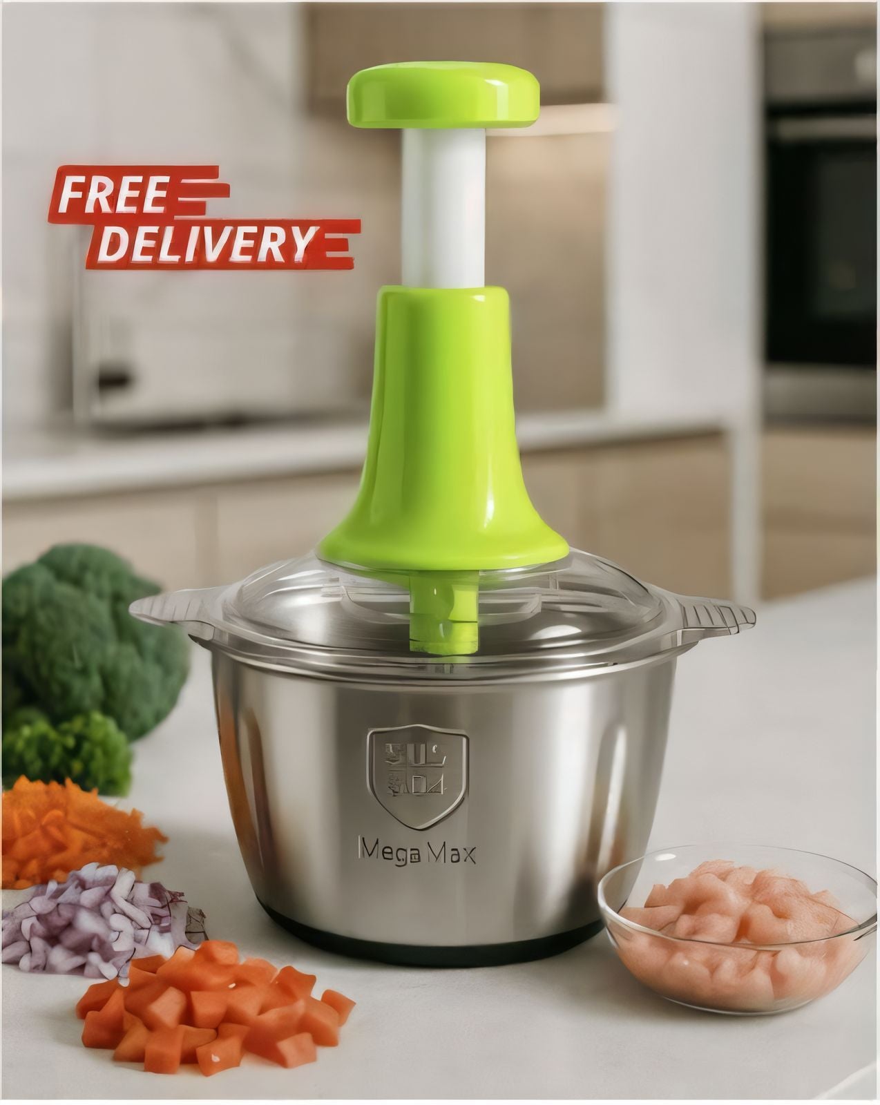 4 Blades Push Chopper with Stainless Steel Bowl